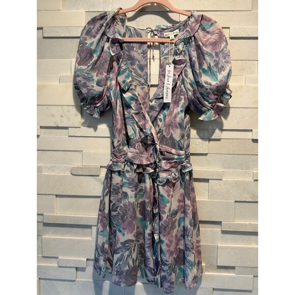 FOR LOVE & LEMONS NWT Shelly Neck Floral Lilac Ruffle Mini Dress Sexy Coquette S - Picture 2 of 8